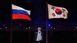Flag of South Korea flies next to the flag of Russia.