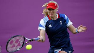 Elena Baltacha of Great Britain plays a forehand during the Women's Singles Tennis match against Ana Ivanovic of Serbia on Day 3 of the London 2012 Olympic Games at the All England Lawn Tennis and Croquet Club in Wimbledon