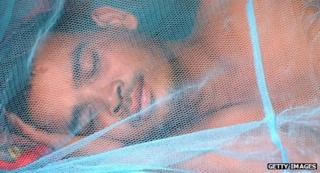 Man sleeping under a mosquito net