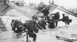 D-Day landing - troops getting off boats in France