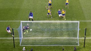 Everton's Seamus Coleman scores his side's first goal during the Barclays Premier League match at Goodison Park