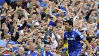 Chelsea's Diego Costa celebrates scoring a goal during the English Premier League soccer match between Chelsea and Leicester City at Stamford Bridge in London