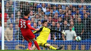 Thibaut Courtois of Chelsea saves from David Nugent of Leicester City during the Barclays Premier League match between Chelsea and Leicester City at Stamford Bridge