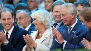 Prince William, Duke of Cambridge, Camilla, Duchess of Cornwall, Prince Charles, Prince of Wales and Prince Harry laugh during the Invictus Games Opening Ceremony