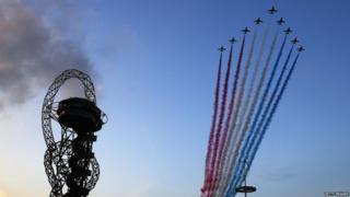 The Red Arrows fly over the opening ceremony for the Invictus Games, presented by Jaguar Land Rover at Queen Elizabeth Olympic Park on September 10