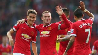Ander Herrera, Wayne Rooney, Marcos Rojo and Angel di Maria celebrate their win.