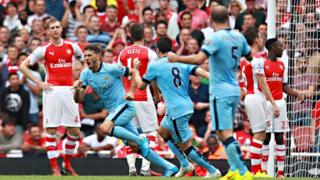 Martin Demichelis scores against Arsenal.