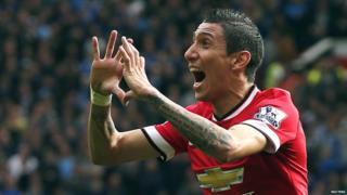 Angel Di Maria celebrates after scoring a goal against Everton