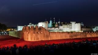 Ceramic poppies at the Tower of London