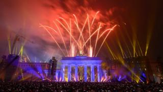 Fireworks over the Brandenburg Gate.