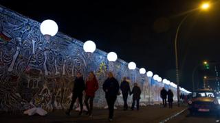 Row of illuminated balloons through Berlin