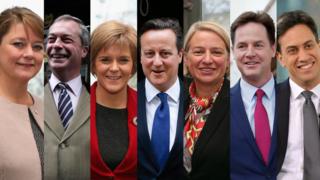 Composite image of the seven party leaders potentially involved in the TV debates of the 2015 general election. L-R: Leanne Wood (Plaid Cymru), Nigel Farage (Ukip), Nicola Sturgeon (SNP), David Cameron (Conservative), Natalie Bennett (Green Party), Nick Clegg (Liberal Democrat), Ed Miliband (Labour).