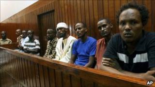 Seven Somali pirates sit in the dock at the Mombasa Law Courts, 23 September 2010 in Mombasa, Kenya