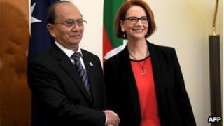 Prime Minister Julia Gillard (R) meets with the President of Myanmar Thein Sein at Parliament House in Canberra March 18, 2013.