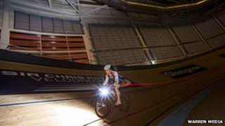 Cyclist in Sir Chris Hoy Velodrome during Earth Hour