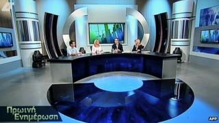 A TV screen shot shows Greece's new state television channel airing its firs news programme, on 21 August, 2013.