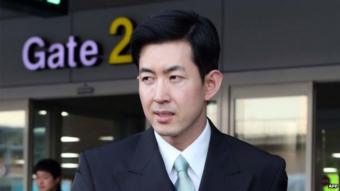 This picture taken on 1 February 2015 shows Korean Air chief purser Park Chang-Jin at Gimhae airport in Busan.