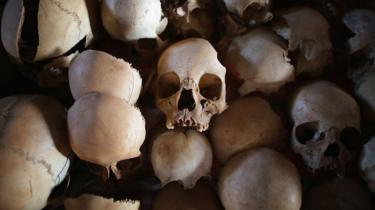Showing signs of extreme trauma, victims' skulls are displayed on metal racks inside the Ntarama Catholic Church genocide memorial ahead of the 20th anniversary of the country's genocide April 4, 2014 in Nyamata, Rwanda