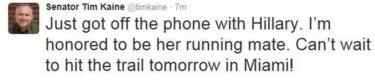 Tim Kaine's tweet after being chosen as Hillary Clinton's running mate