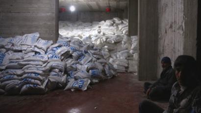 Warehouse following Red Crescent delivery of humanitarian aid in Kafr Batna, in rebel-held Eastern Ghouta area, Damascus. 23 February 2016