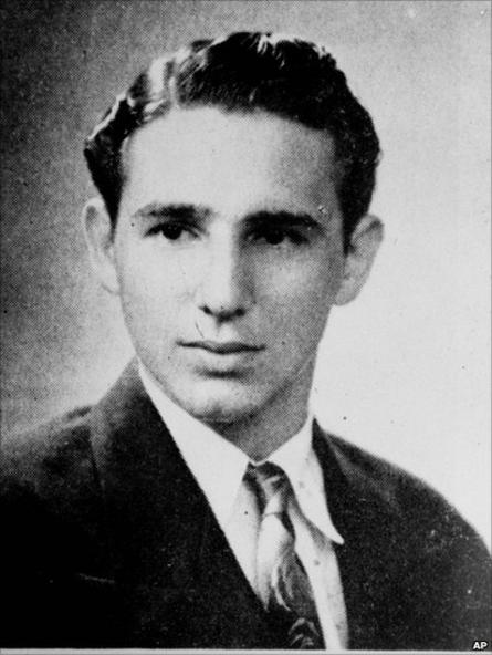 The caption describing Fidel Castro in his 1945 high school yearbook reads: "Distinguished student and a fine athlete. Very popular. Will study law and we have no doubt he will have a brilliant future."