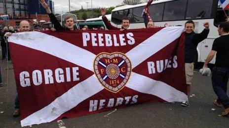 Jamie Williamson and friends holding Hearts FC banner