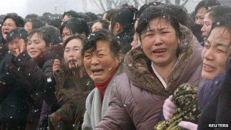 Women cry as Kim Jong-il's coffin approaches in Pyongyang (28 Dec 2011)