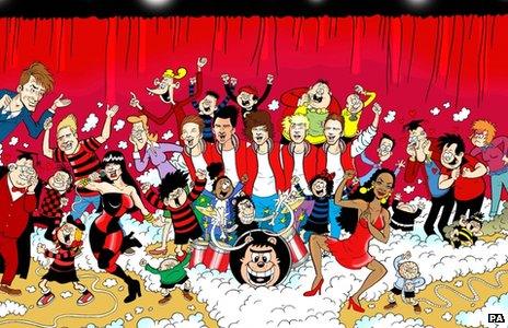 One Direction in the BeanoMAX with Dennis the Menace and other characters