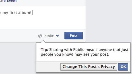 Facebook screenshot showing warning about posting publicly