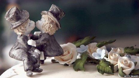 Same-sex statues on wedding cake