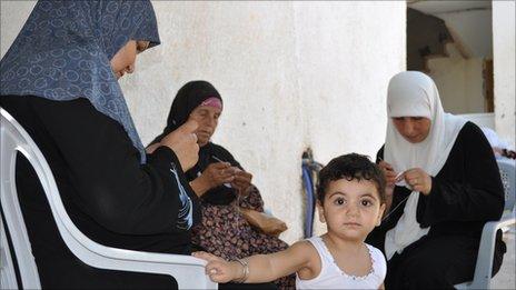 Palestinian women knitting skull-caps in Lobban al-Gharbia
