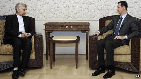 Iranian security chief Saeed Jalili (L) with Syrian President Bashar al-Assad (Sana news agency photo 7 Aug 2012)