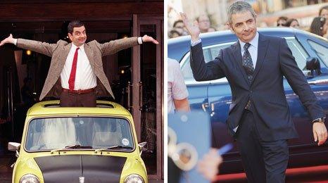 Mr Bean (left) and Rowan Atkinson at Johnny English film premiere (right)