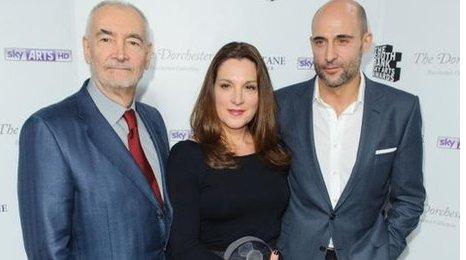 Producers Michael J Wilson (left), Barbara Broccoli, Mark Strong