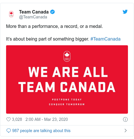Twitter post by @TeamCanada: More than a performance, a record, or a medal. It’s about being part of something bigger. #TeamCanada 