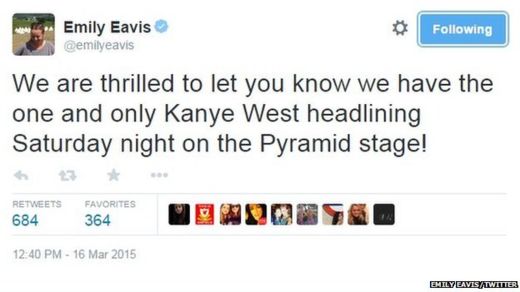 A tweet from Emily Eavis revealing the news