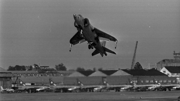 Hawker Siddeley P1127 prototype vertical/short takeoff and landing aircraft at Farnborough air show, 1964