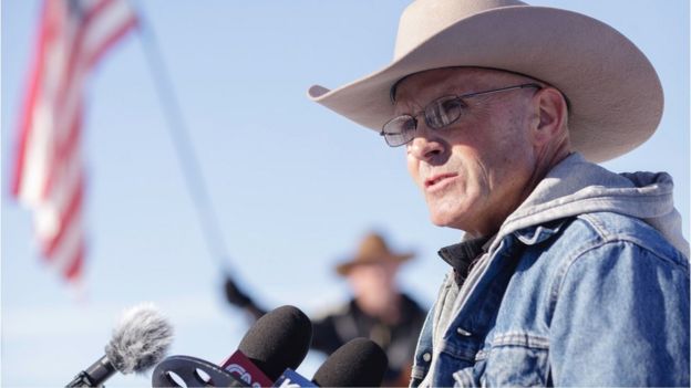 This file photo taken on January 15, 2016 shows occupier LaVoy Finicum speaking to the media at the Malheur National Wildlife Refuge Headquarters in Burns, Oregon on January 15, 2016.