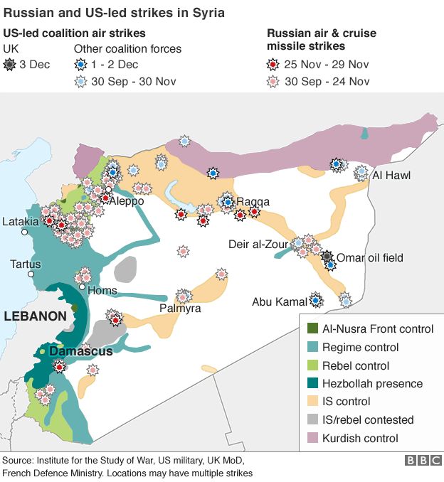 Map of Russian and US-led air strikes in Syria