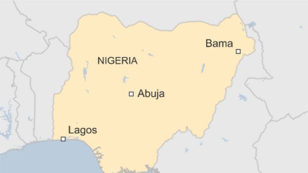 Map of Nigeria, showing Bama in the northeast, relative to capital Abuja and big city Lagos