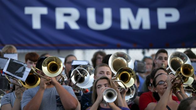 A marching band play before Donald Trump's campaign event in Rochester, New Hampshire - 17 September 2015