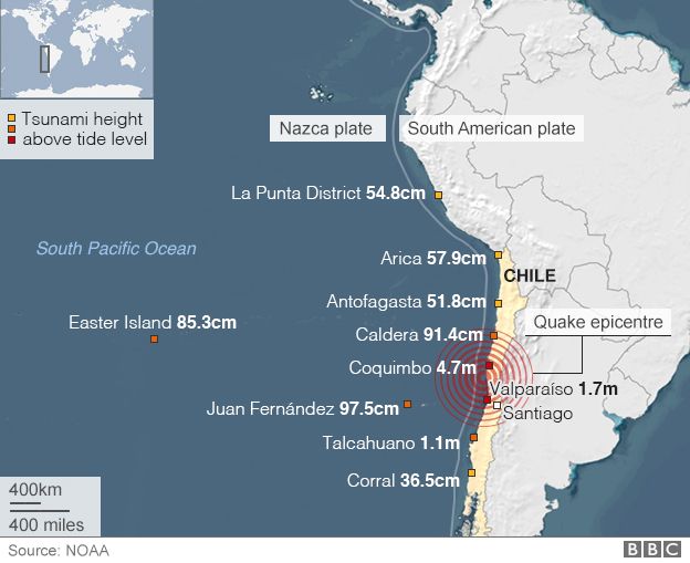 Map: Chile earthquake and observed tsunami heights