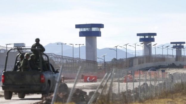 Soldiers patrol the perimeter of the Altiplano Federal Penitentiary, where drug lord Joaquin 