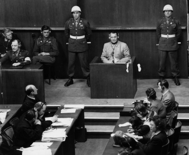 Nazi leader Hermann Goering in the witness box at the Nuremberg War Crime Trials on March 16, 1946