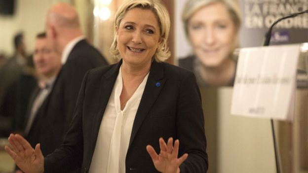 Leader of France's far-right Front National political party and candidate for the 2017 French presidential elections, Marine Le Pen, 2 March 2017