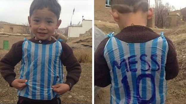 Afghan boy Murtaza Ahmadi replaces his plastic bag Messi 10 shirt with a signed Messi top