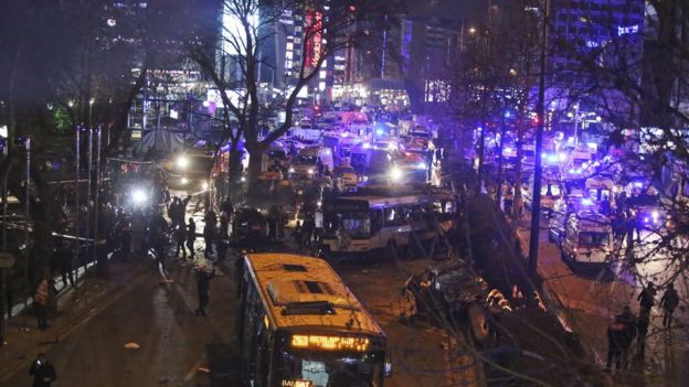 Scene of an explosion in Ankara, Turkey, Sunday, March 13, 2016