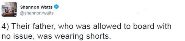 Tweet from Shannon Watts reads: 4) Their father, who was allowed to board with no issue, was wearing shorts.