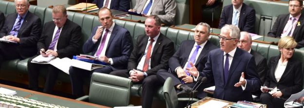 Malcolm Turnbull and cabinet ministers in parliament in Australia (15 Sept 2015)