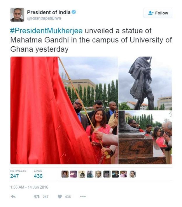 #PresidentMukherjee unveiled a statue of Mahatma Gandhi in the campus of University of Ghana yesterday